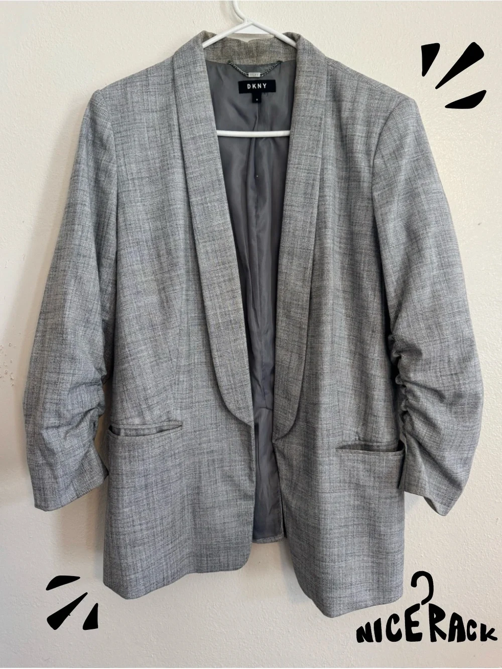 DKNY Gray Shawl Collar Blazer with cinched sleeves